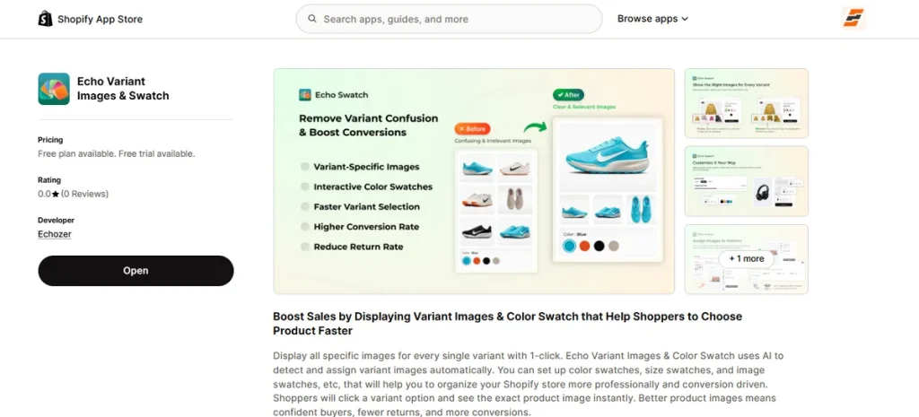 Screenshot of EZ Color Swatch Variant Image Listed on Shopify