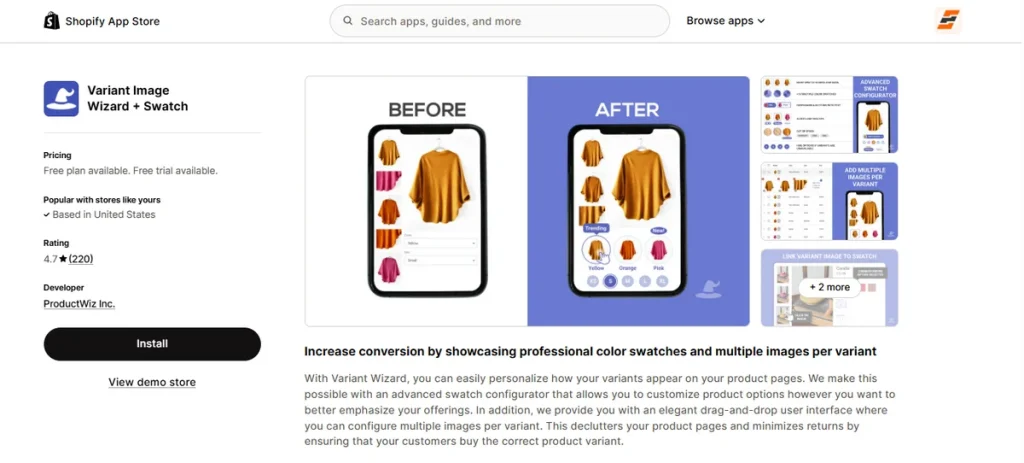 Screenshot of Variant Image Wizard Plus Swatch