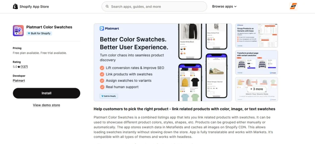 Screenshot of Platmart Color Swatches