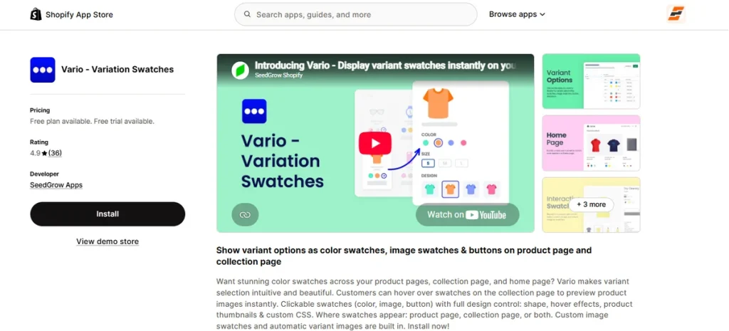 Screenshot of Vario Variation Swatches