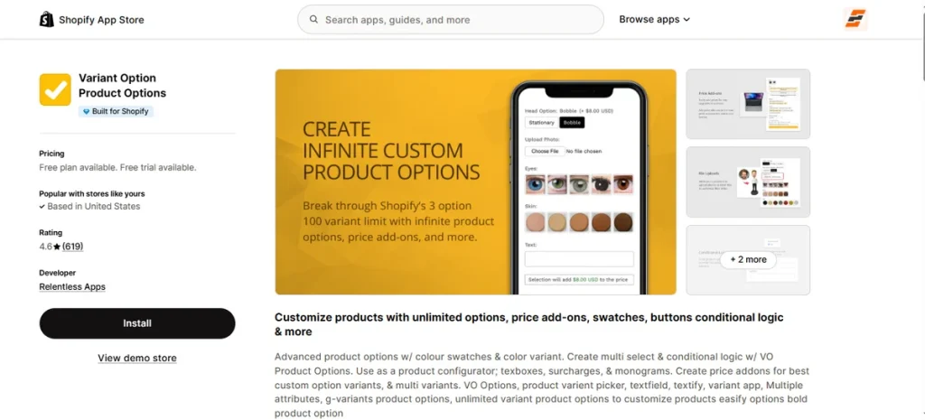 Screenshot of Variant Option Product Options