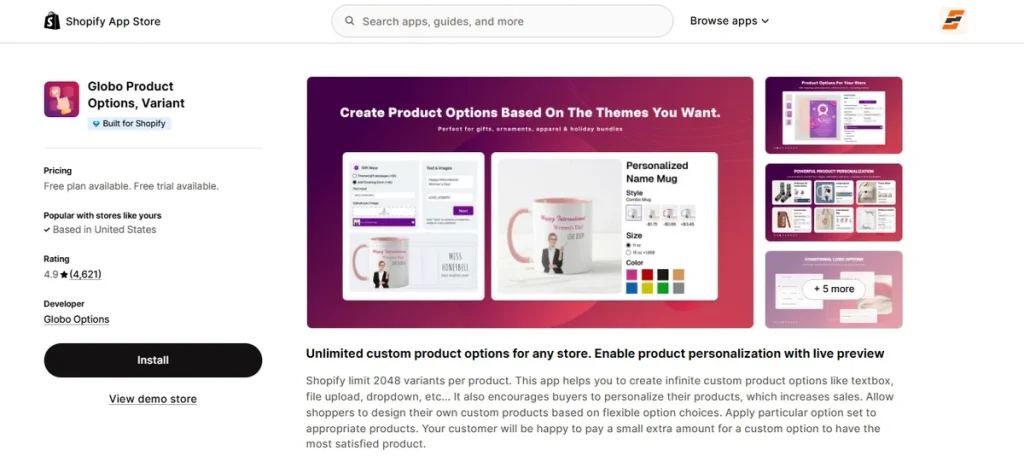 Screenshot of Globo Product Options Variant