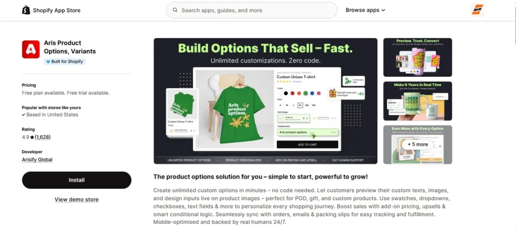 Screenshot of Aris Product Options Variants
