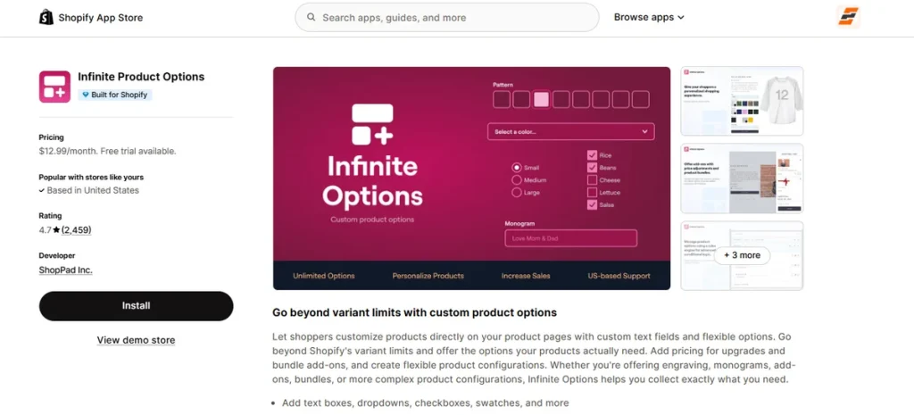 Screenshot of Infinite Product Options