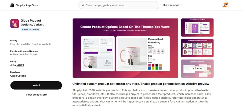 Screenshot of Globo Product Options Variant