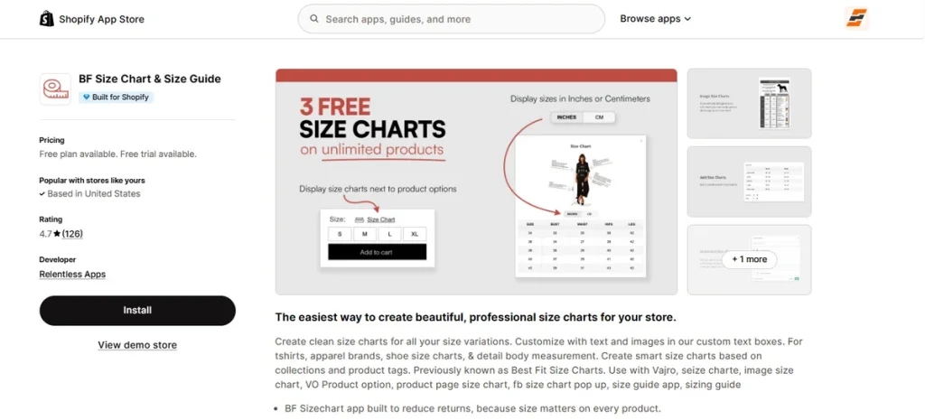 Screenshot of BF Size Chart and Size Guide
