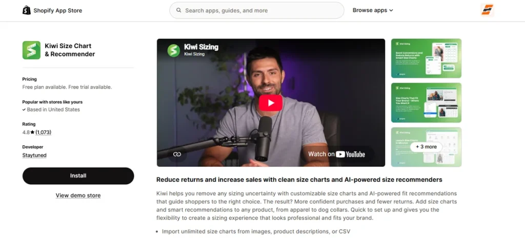 Screenshot of Kiwi Size Chart and Recommender