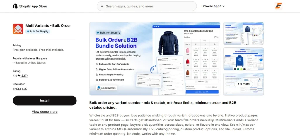 Screenshot of MultiVariants Bulk Order