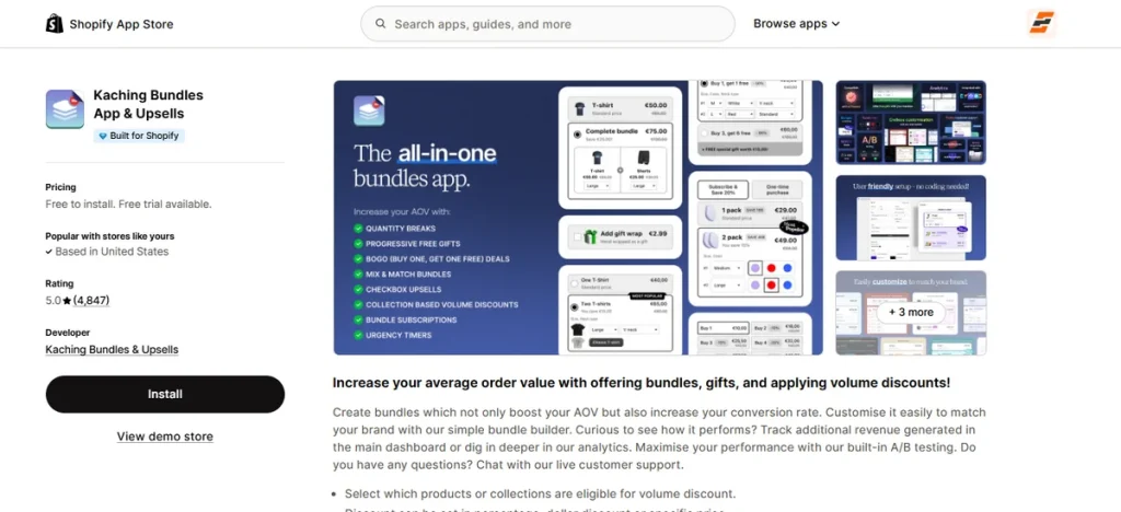 Screenshot of Kaching Bundles App and Upsells