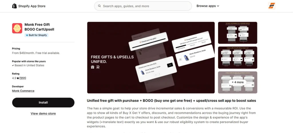 Screenshot of Monk Free Gift BOGO CartUpsell