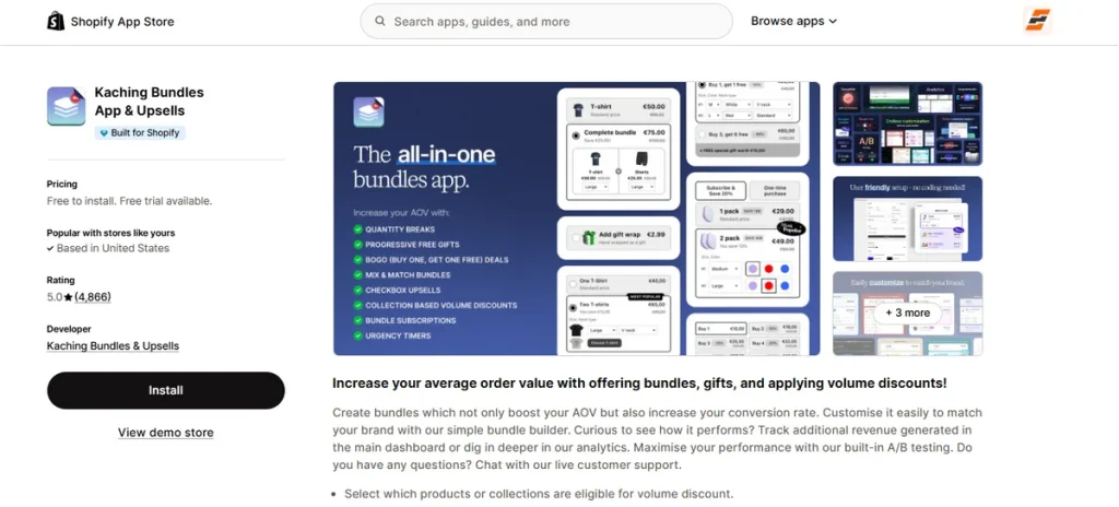 Screenshot of Kaching Bundles App and Upsells