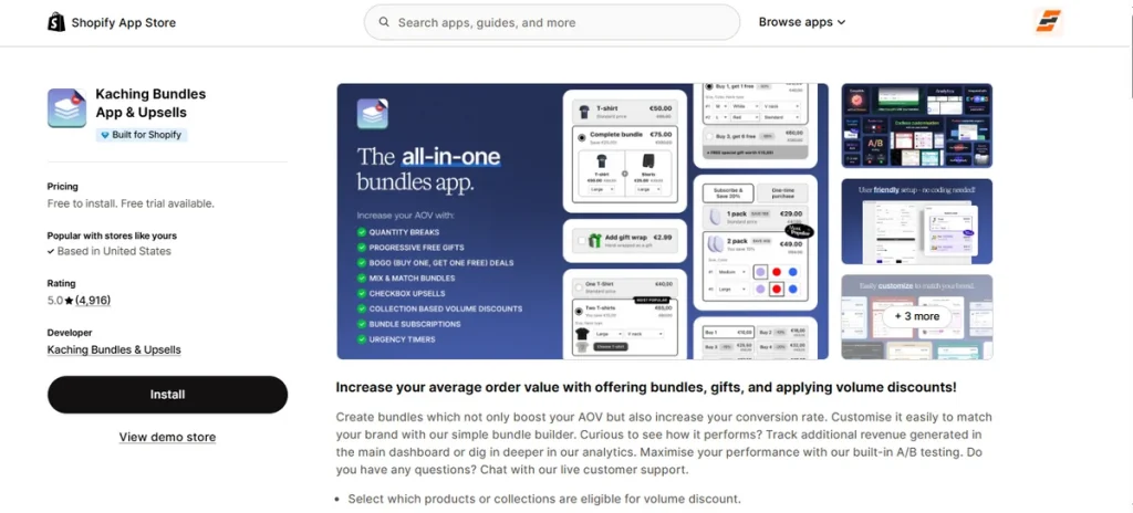 Screenshot of Kaching Bundles App and Upsells