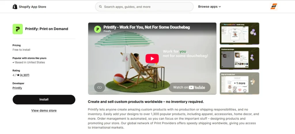 Screenshot of Printify for Clothing Store