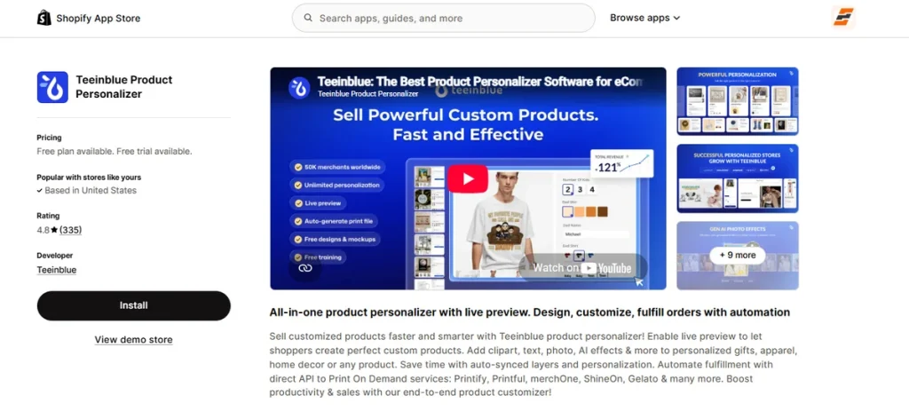 Screenshot of Teeinblue Product Personalizer for Clothing Store