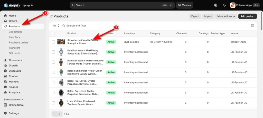 Go to Products and Open a Product in the Editor