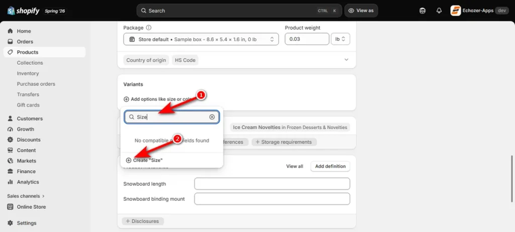 Type Your Variant Option Name and Hit the Plus Icon