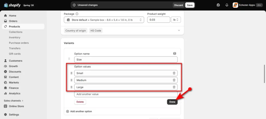 Type Variant Option Values and Click Done