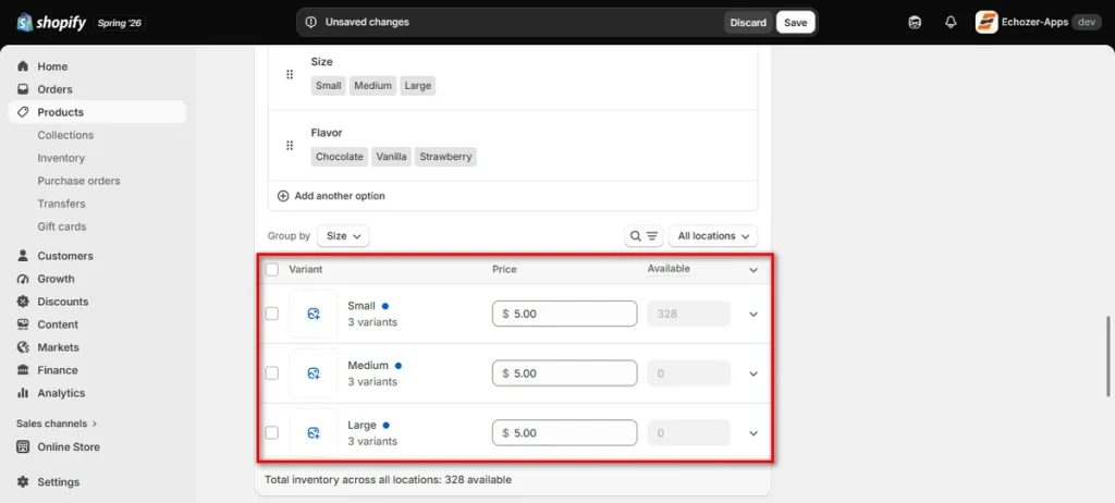 Screenshot of Variant Options in Shopify