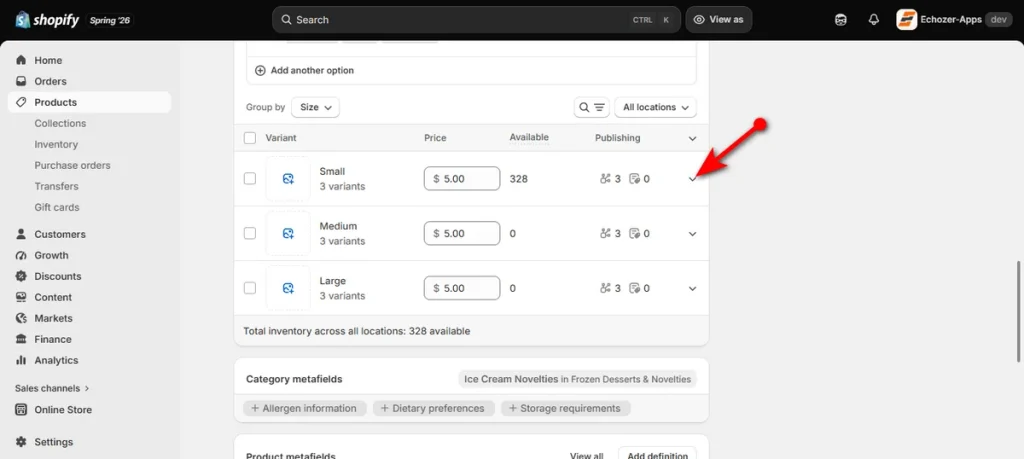 Click Down Arrow of a Variant