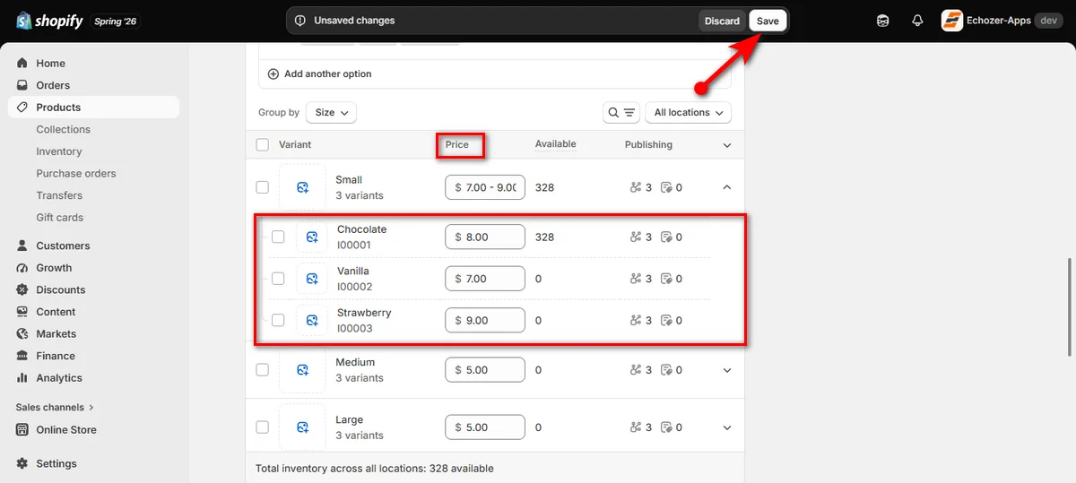 Add Different Variant Prices and Click the Save Button