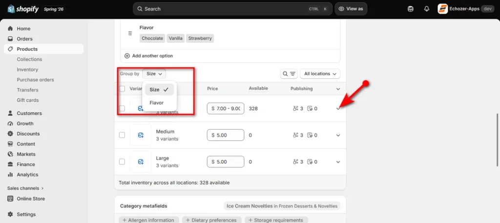 Locate Variant Group and Click the Down Arrow of a Variant