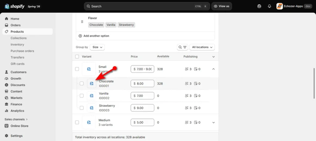 Click Thumbnail Icon of a Variant