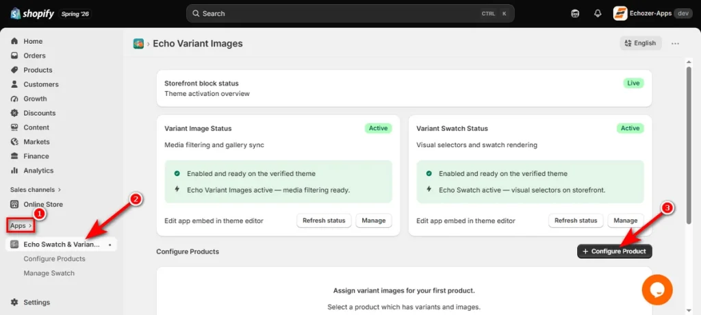 Click Echo Swatch App and Hit Plus Configure Product Button