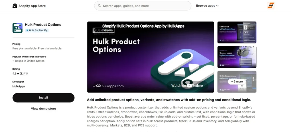 Screenshot of Hulk Product Options