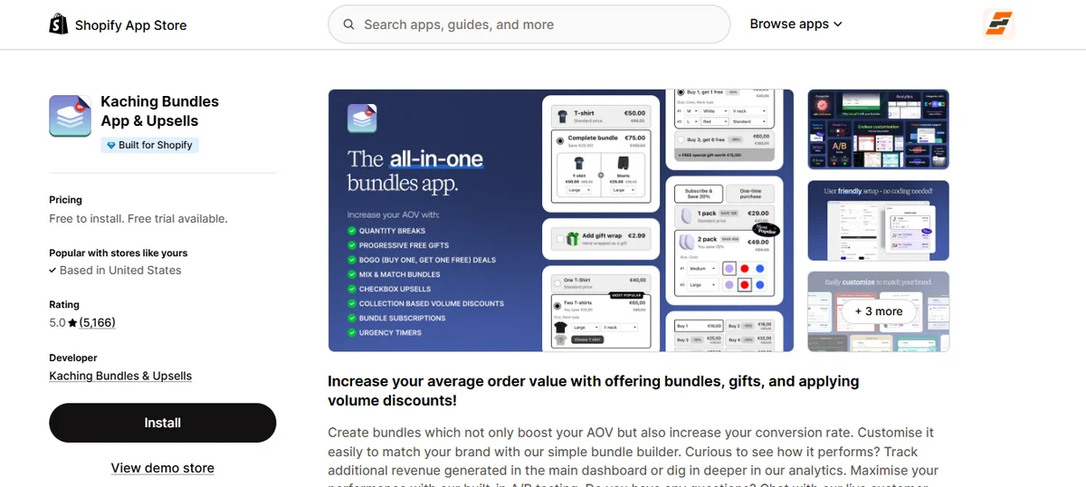 Screenshot of Kaching Bundles App and Upsells