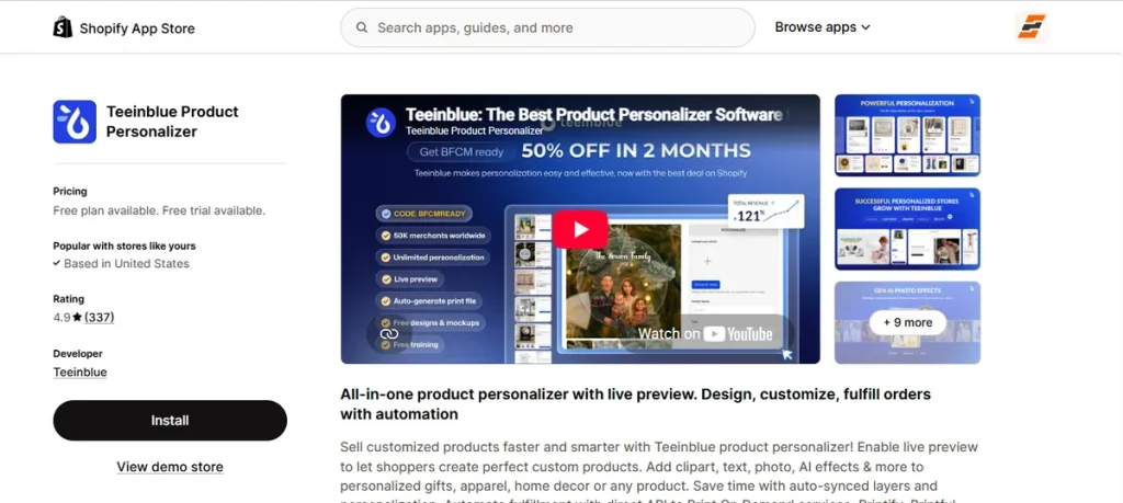 Screenshot of Teeinblue Product Personalizer