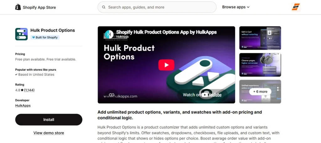 Screenshot of Hulk Product Options