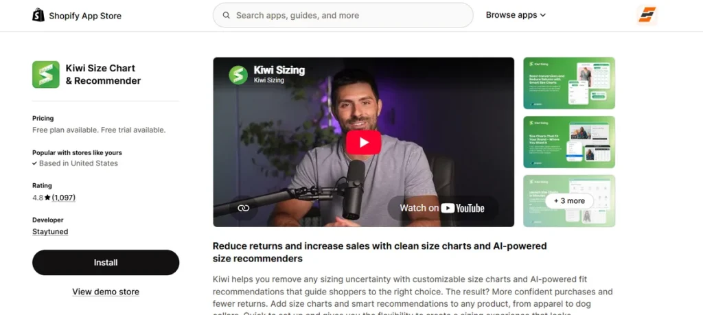 Screenshot of Kiwi Size Chart and Recommender