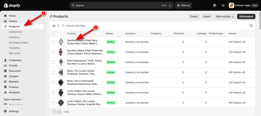 Go to Products and Click on a Product