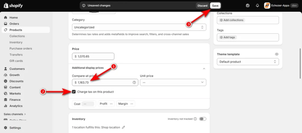 Type Compare at Price Check Mark Tax Box and Click Save