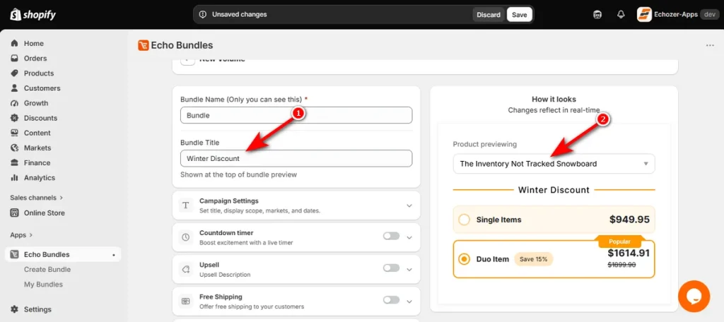 Type Bundle Offer Name and Click Product Previewing Dropdown to Select a Product