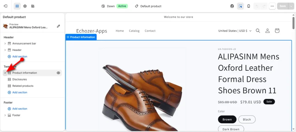 Click Product Information Arrow