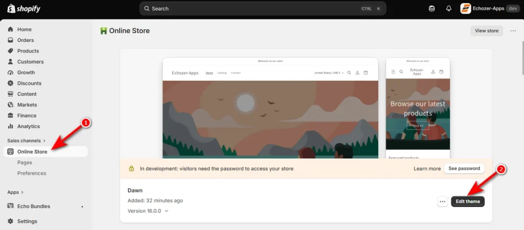 Go to Online Store and Click Edit Theme Button
